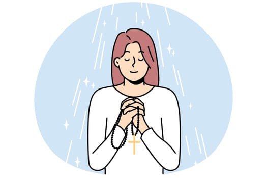 Young woman with rosary in hands praying. Religious superstitious girl with beads talk to God ask about good fate. Religion and faith. Vector illustration.