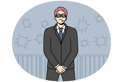 Male security in black suit and sunglasses at concert. Man guard in front of crowd at performance on stage. Vector illustration.