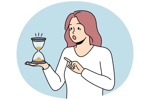 Astonished woman look at hourglass surprised with time passing. Amazed girl hold sand clock in hands feel frustrated with deadline. Vector illustration.