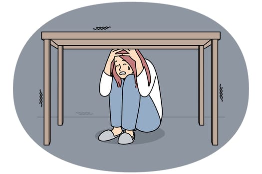 Unhappy woman feel scared and terrifies hide under table. Stressed female cry suffer from fear and panic attack. Vector illustration.