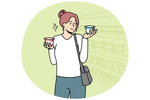 Young woman grocery shopping in supermarket choosing yoghurt. Confused female client make choice between dairy products in shop. Vector illustration.