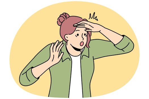 Scared young woman look in distance searching for something. Astonished female feel frustrated and panicking make hand gesture. Discovery and exploration. Vector illustration.