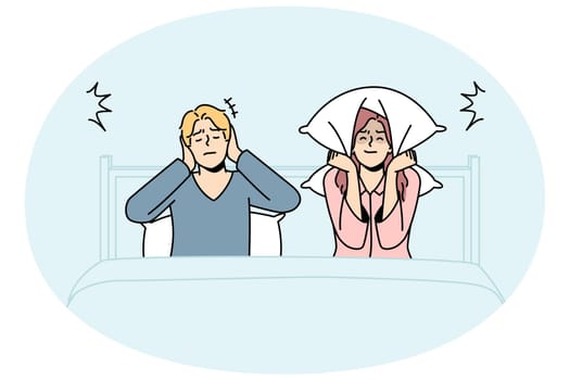 Unhappy couple in bed suffer from excessive noise unable to sleep. Upset distressed man and woman struggle with noisy neighbors. Vector illustration.