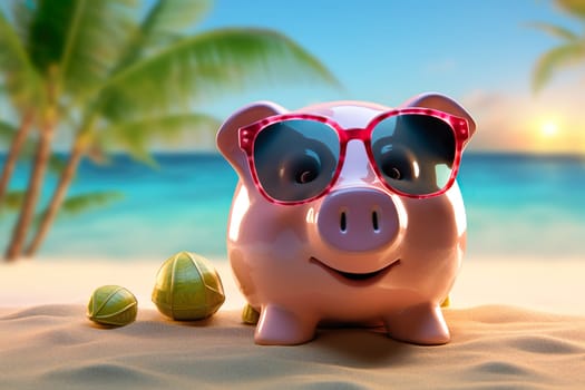 A funny piggy bank stands on the beach with sunglasses generated by artificial intelligence