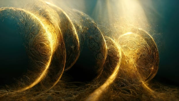 Abstract art fluid golden circle background full frame with bright lightning. Artificial Art.