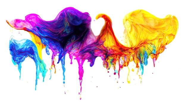 Colorful wet paint splashes on wall dripping down in horizontal banner on bright background. Artificial Art.