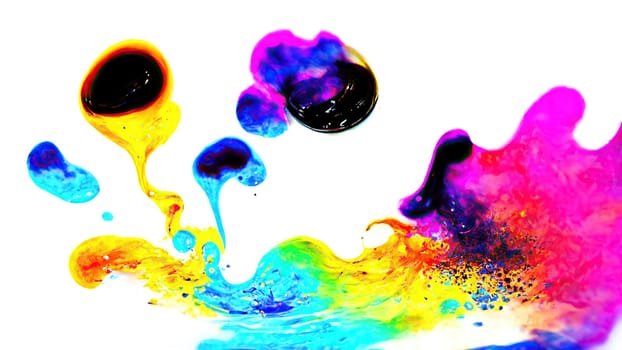Colorful wet paint splashes in horizontal banner on bright background. Artificial Art.
