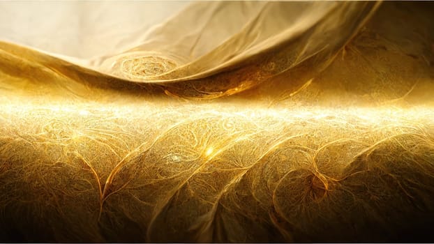Abstract art fluid golden waves background full frame with bright lightning. Artificial Art.