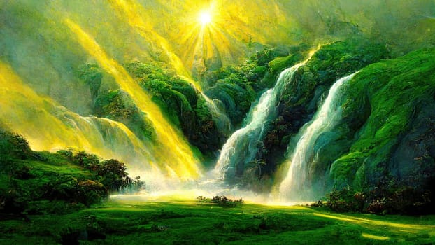 A serene waterfall with fresh green plants in a beautiful natural landscape.. artificial art