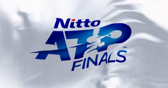 Turin, IT, Nov. 5 2023: Close-up of Nitto ATP Finals flag waving in the wind. season-ending championship of the ATP Tour. Illustrative editorial 3d illustration render