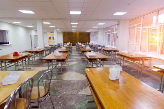 Chairs and tables. The dining hall is quarantined.