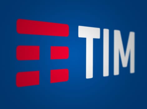 Rome, Italy, Nov. 3 2023: Perspective view of TIM logo on blue background. Italian telecommunications company. Illustrative editorial illustration. Selective focus