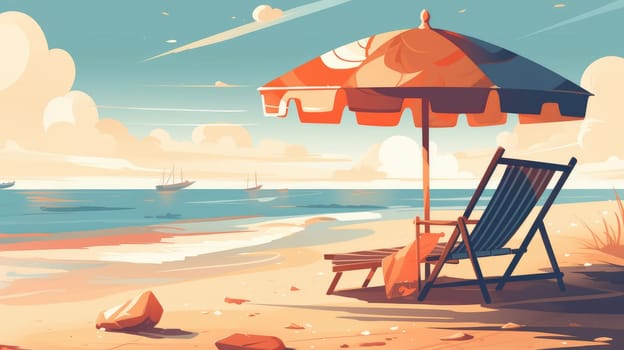 Chaise longue and beach umbrella on the seashore. Generative AI drawing