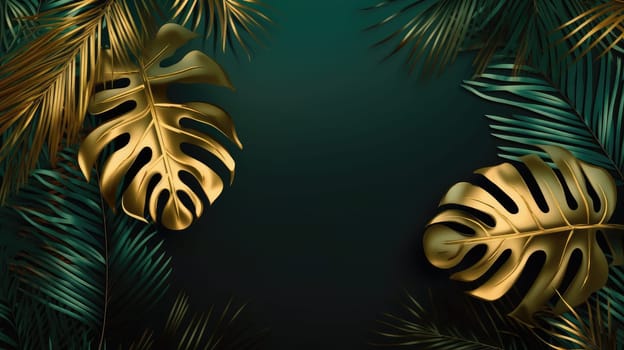 Green and golden palm leaves abstract background. Generative AI design