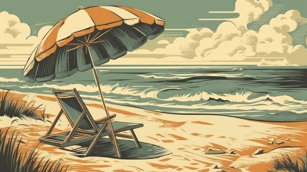 Retro backgroud of chaise longue and beach umbrella on the seashore. Generative AI drawing