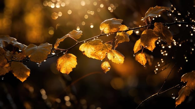 Golden orange autumn leaves with sparkling drops. Generative AI design