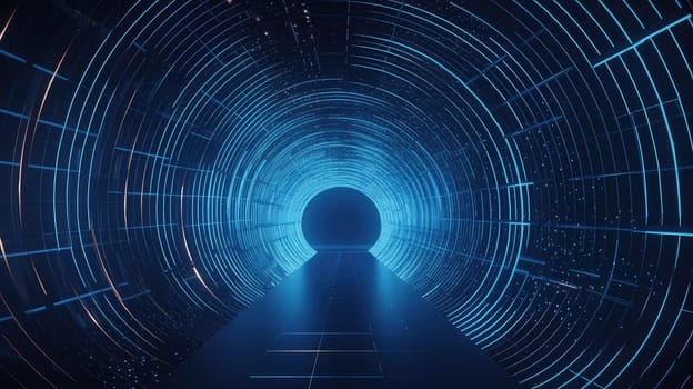 Tunnel with blue neon lighting. Generative AI design