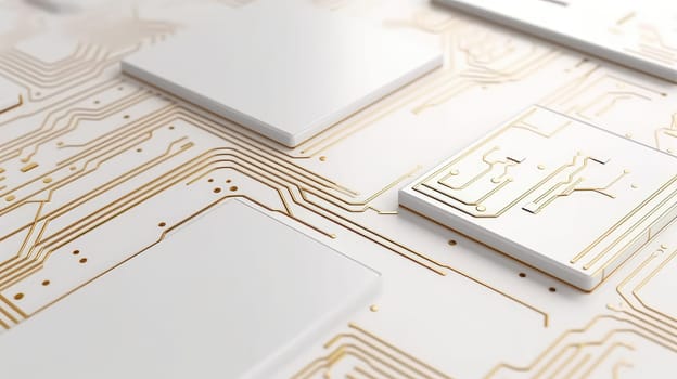 Golden circuit board chip tech background. Generative AI design