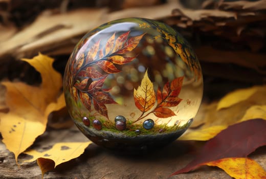 Autumn leaves abstract background with glass sphere. Generative AI design