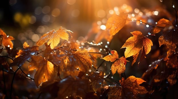 Golden orange autumn leaves with sparkling drops. Generative AI design