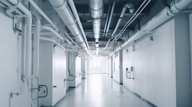 A corridor with white walls and pipes on the ceiling. Generative AI design
