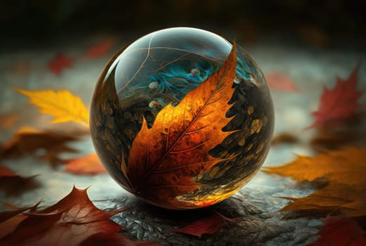 Autumn leaves abstract background with glass sphere. Generative AI design