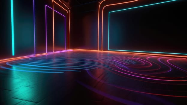 Room with colorful neon glowing lighting. Generative AI design