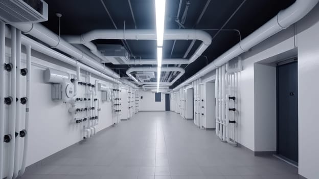A corridor with white walls and pipes on the ceiling. Generative AI design