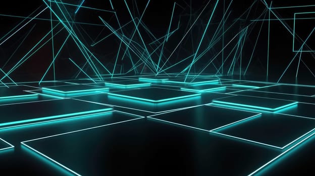 Room with cyan blue neon lines. Generative AI design