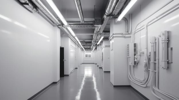 A corridor with white walls and pipes on the ceiling. Generative AI design