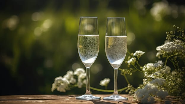 Two glasses of sparkling wine on nature background. Generative AI design