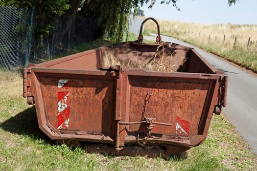 Old brown dumpster with plant waste standing on a meadow, Germany, Europe