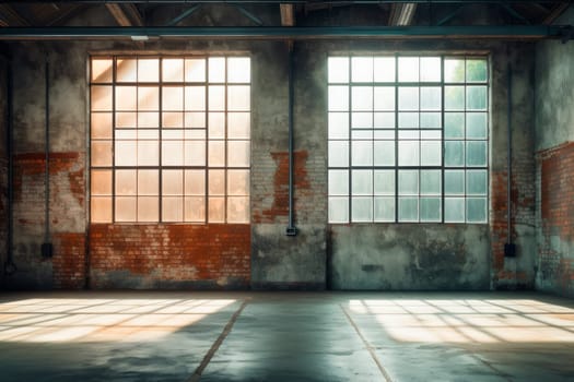 Empty, large interior with old brick walls and big windows. Grunge industrial loft interior. AI generated