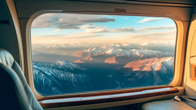 Aerial view of beautiful mountains seen through a private helicopter window. AI generated