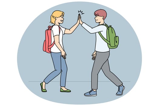 Smiling schoolchildren walking outdoors give high five. Happy friends greeting using non-verbal communication. Vector illustration.