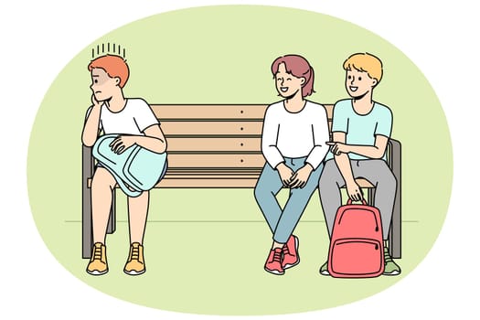 Rude children make fun of lonely boy kid. Schoolchildren bullying child sitting separate on bench. School mockery and discrimination. Vector illustration.