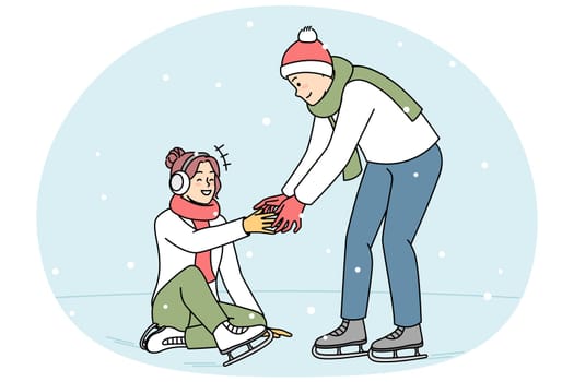 Caring young man help woman fall on ice rink. Happy couple skating on rink during winter holidays. Hobby and entertainment. Vector illustration.