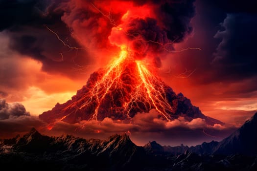 Red glowing lava flows from a volcano . A volcano erupting lava with and thunder and dark smoke. Volcano eruption, flowing magma, dangerous clouds and dark environment. AI generated