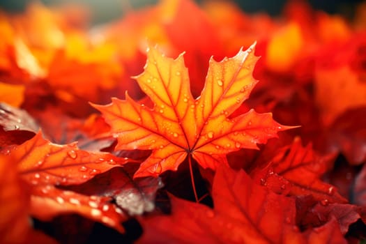 Close-up of a red maple leaf in the bright rays of the autumn sun. AI generated