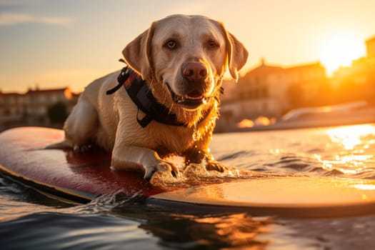 Dog on a surf caught a wave. Golden Retriever on surf board during sunset. AI generated