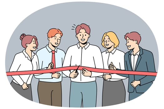 Excited business team cut ribbon open office or enterprise together. Smiling businesspeople at new workplace opening. Successful start. Vector illustration.