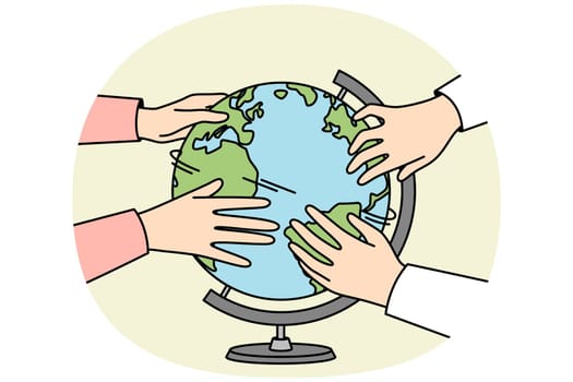 Diverse people touch globe interested in geography. Hands turn planet Earth sphere. Environment conservation and education. Vector illustration.