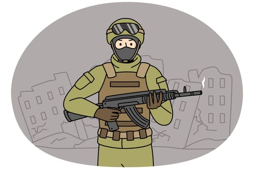 Male soldier in uniform hold rifle stand on city ruins. Serviceman in helmet with weapon in hands protect country from war and invasion. Vector illustration.