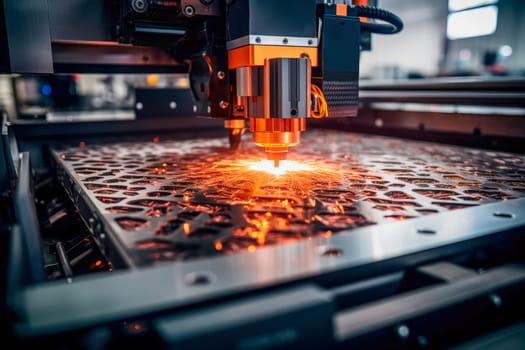 Laser machine cutting of sheet metal. Sparks fly from laser by automatic cutting CNC machine. CNC Laser cutting of metal, modern industrial technology.AI generated