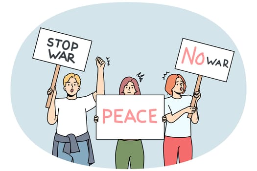 Diverse people with posters protest against war at street demonstration. Decisive activists with placards stand for peace. Anti-war picket or march. Vector illustration.