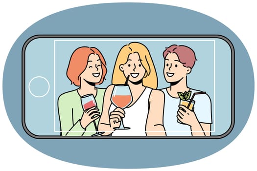 Happy diverse people drink cocktails make selfie on cellphone. Smiling friends enjoy celebration take self-portrait picture on smartphone. Vector illustration.