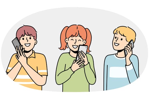 Smiling little kids talk on modern cellphone gadgets. Happy small children enjoy chatting speaking on smartphone devices. Communication. Vector illustration.