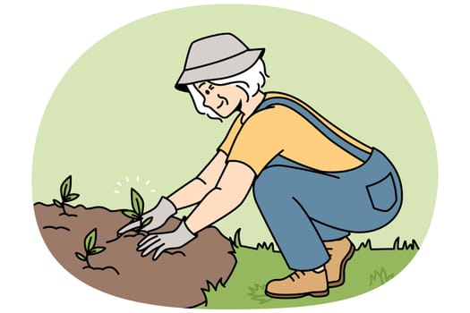Smiling elderly woman plant seedlings in ground. Happy mature female gardener engaged in horticulture outdoors. Gardening and hobby. Vector illustration.
