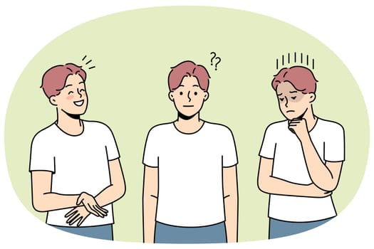 Young man showing different emotions. Millennial male feel emotional demonstrate various facial expression. Vector illustration.