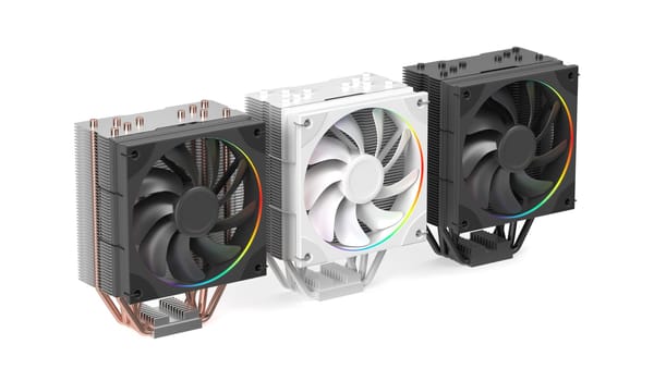 Three different colored cpu coolers on white background